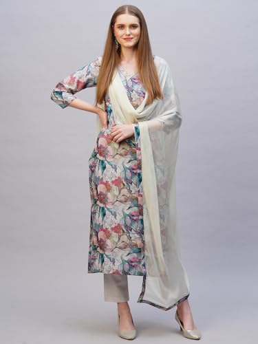 ANNI DESIGNER Womens Rayon Blend Printed Straight Kurta with Pant & Dupatta (Habibi Grey-NB_3XL_Grey_XXX-Large)