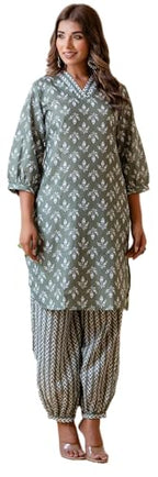 LookMark Womens Latest Printed Cotton Blend Straight Kurta and Afghani Pant Set Perfect for Casual and Office Wear (AZ-LM-P1-KS