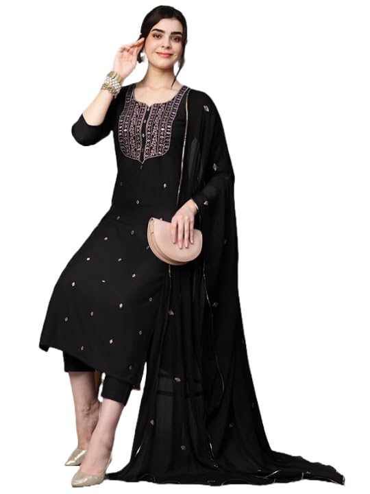 ANNI DESIGNER Womens Cotton Blend Embroidered Straight Kurta with Pant & Dupatta (KASTURI Black-APL_4XL_Black_XXXX-Large)