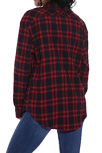 GUANYY Women's Classic Plaid Button Down Shirt - Loose Fit and Long Sleeves (Red Black Plaid, Large)