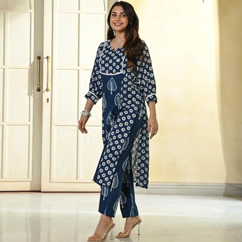ANNI DESIGNER Womens Cotton Blend Straight Printed Kurta with Pant (Nagina Blue_S_Purple_Small)