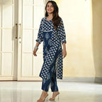 ANNI DESIGNER Womens Cotton Blend Straight Printed Kurta with Pant (Nagina Blue_S_Purple_Small)