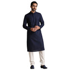 Manyavar Kurta Set For Men, Full Sleeves Mandarin Collar Ethnic Kurta Set For Engagement, Wedding, Party Blended Cotton (Blue, X