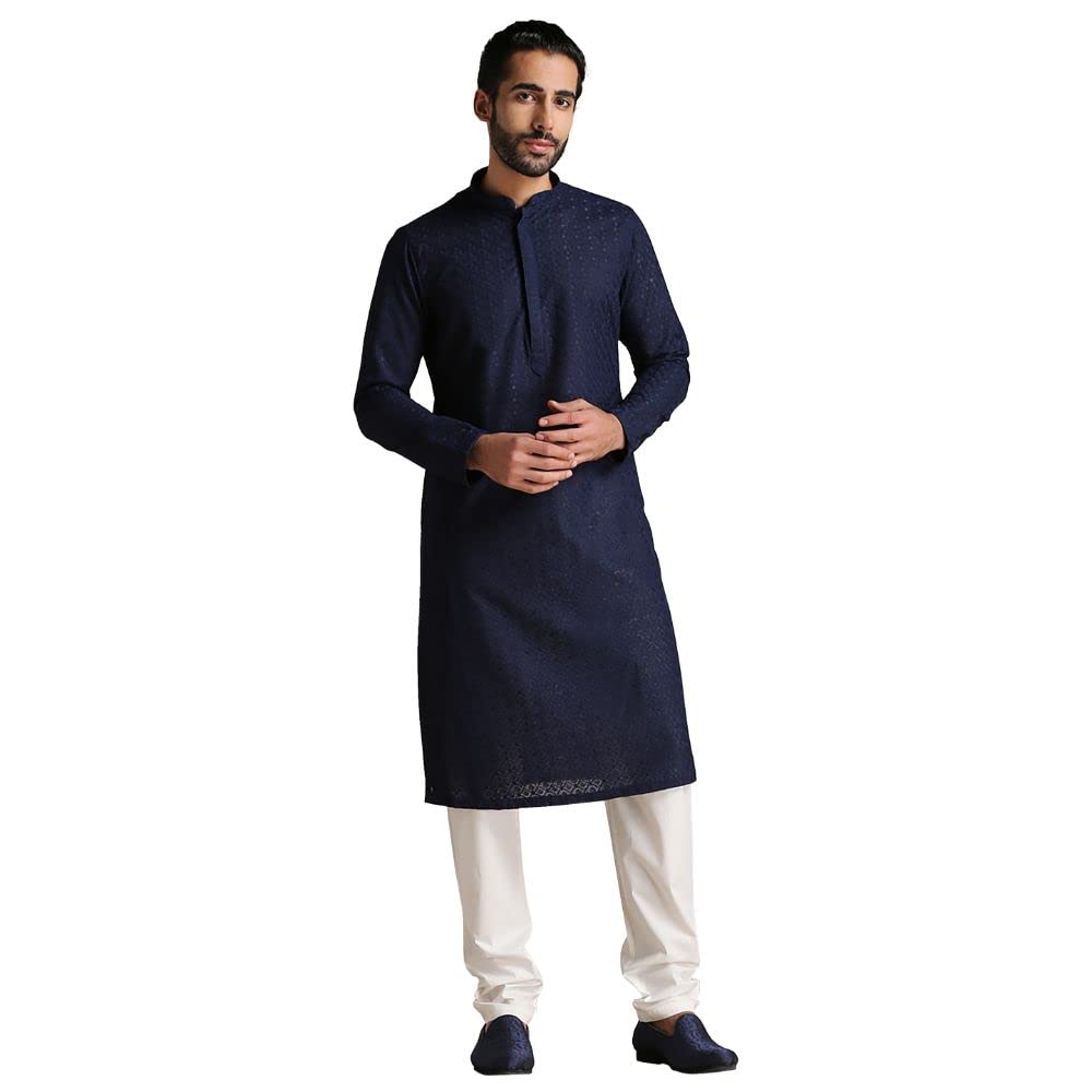 Manyavar Kurta Set For Men, Full Sleeves Mandarin Collar Ethnic Kurta Set For Engagement, Wedding, Party Blended Cotton (Blue, X