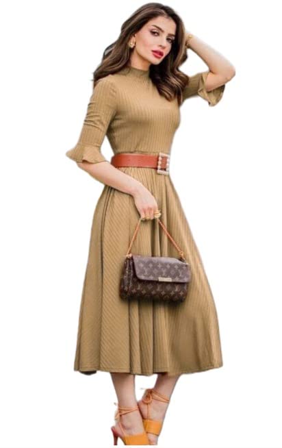 ANNI DESIGNER Womens Cotton Blend Anarkali Calf Length Dress (Juli-Beige Small)