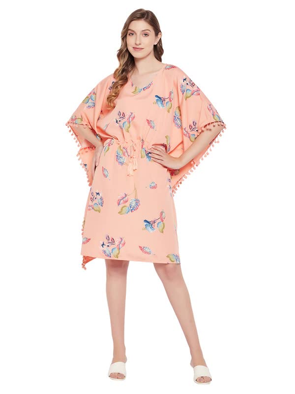 Clovia Womens Crepe Pretty Florals Short Kaftan (Rw0034D34_Peach_XL-XXL)