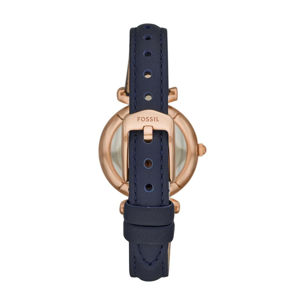 Fossil Women's Carlie Mini Quartz Stainless Steel and Leather Three-Hand Watch, Color: Rose Gold, Navy (Model: ES4502)
