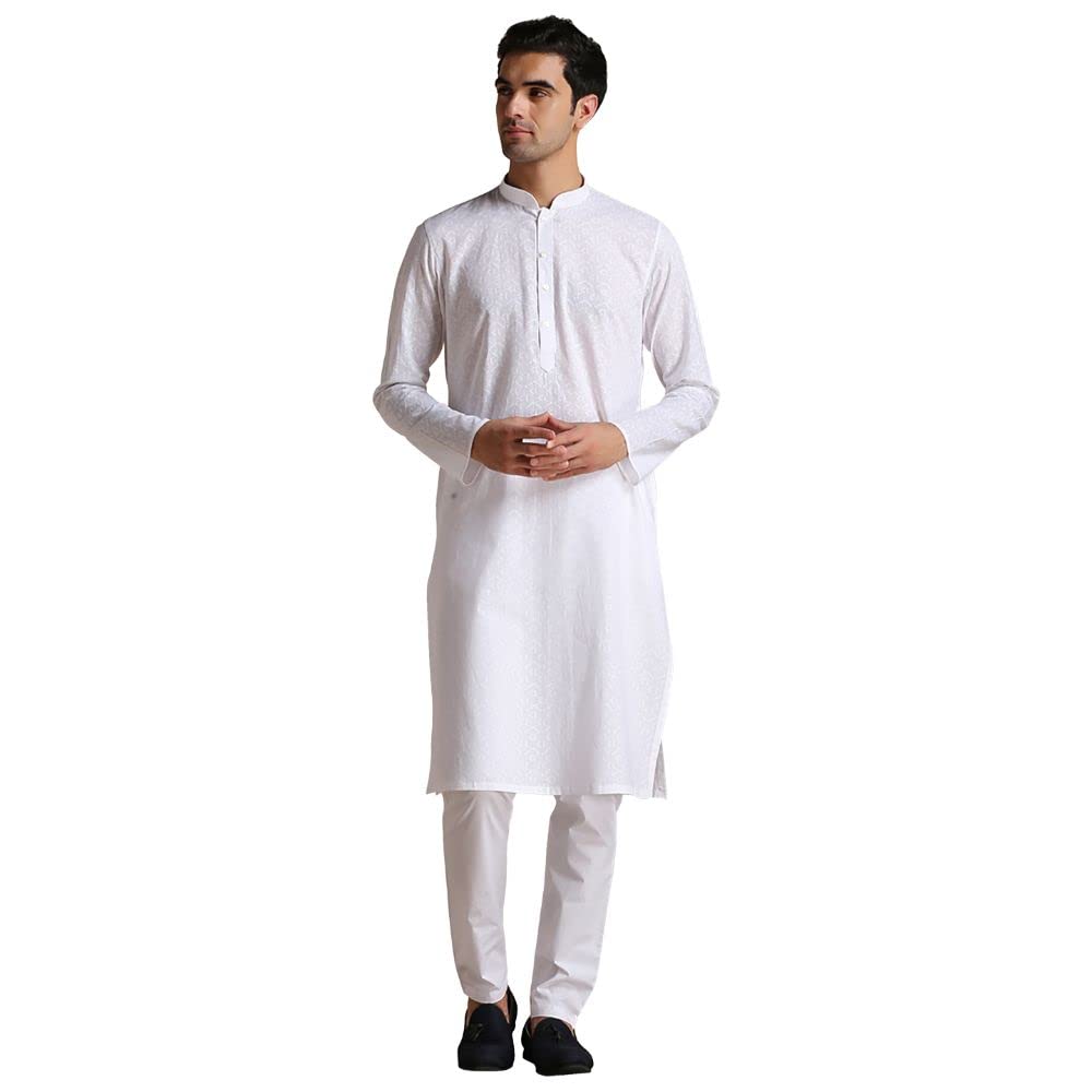 Manyavar Green Cotton Solid Casual Kurta Set with Mandarin Collar (Size : XL)
