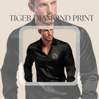 Indoprimo MenS Satin Stylish Club Wear Tiger Diamond Print Shirt Full Sleeve Black