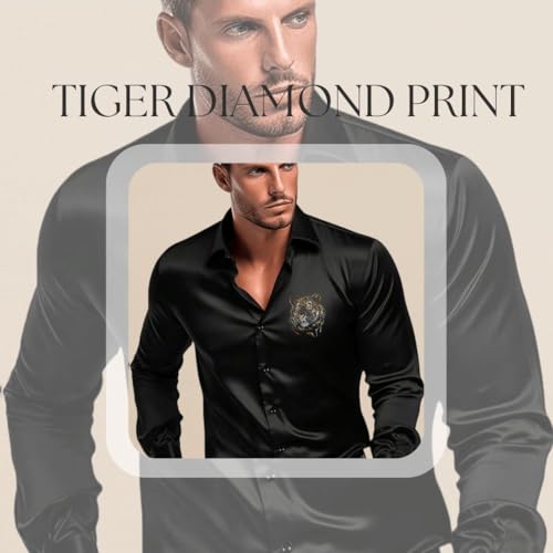 Indoprimo MenS Satin Stylish Club Wear Tiger Diamond Print Shirt Full Sleeve Black