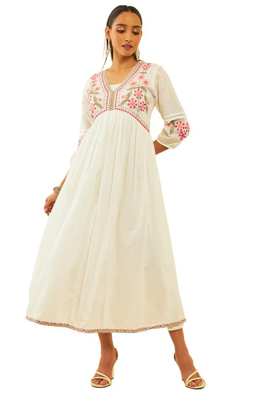 Soch Womens Off White Cotton Embroidered Empire Dress With Cutdana