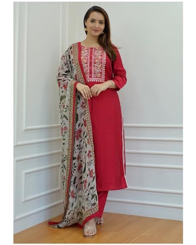 ANNI DESIGNER Womens Cotton Blend Straight Embroidered Kurta with Pant & Dupatta (Sanju Red_S_Red_Small)