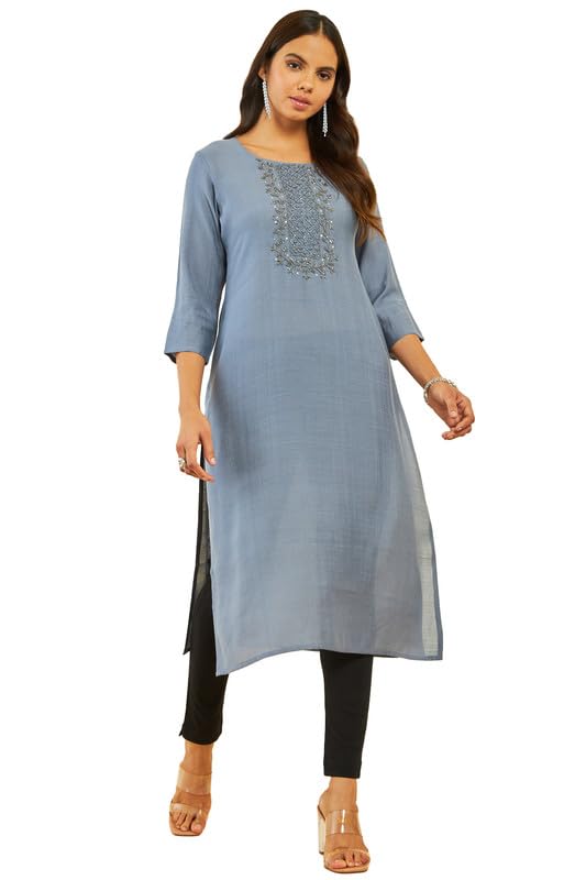 Soch Women Viscose Blend Round-Neck Straight Kurta with Cutdana Work