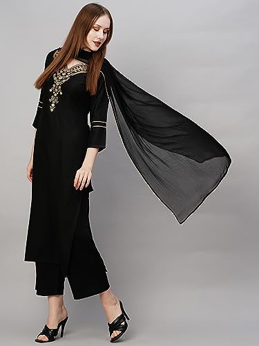 ANNI DESIGNER Womens Cotton Blend Straight Embroidered Kurta with Pant & Dupatta (Dacia Black_XL_Black_X-Large)