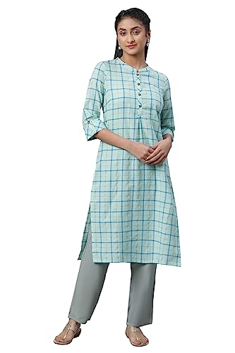 Aurelia Womens Cotton Checkered Regular Kurta (23FEA14084-702714_Blue Gren