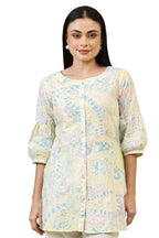 W For Woman Light Yellow Floral Printed Schiffli Embroidered Fusion Top (Size: Xl)-W31231-400806