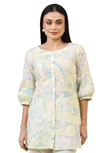 W For Woman Light Yellow Floral Printed Schiffli Embroidered Fusion Top (Size: Xl)-W31231-400806