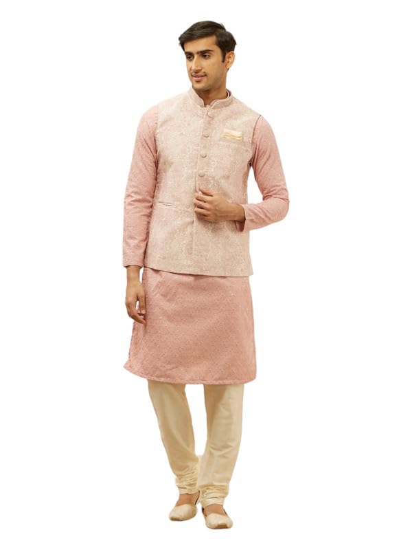 Manyavar Mens Pink Brocade Self Design Jacket