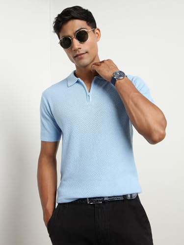 Nobero MenS Self Design Regular Fit Polo Shirt (1M-Twpo-R0014_Powder Blue