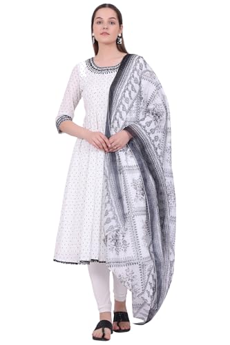 Aurelia Womens White Yarn Dyed Pure Cotton Anarkali with Leggings & Dupatta Set (Size: S)-AS15728-705528