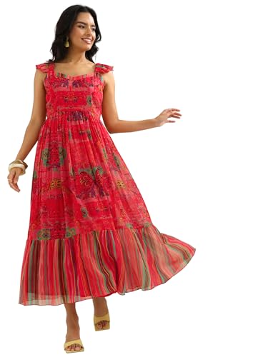 Libas Womens Printed Chiffon Fit And Flare Dress For Women Coral