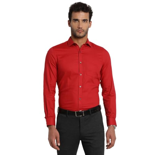 Turtle Men Giza Cotton Slim Fit Self Design Full Sleeve Formal Shirt Red