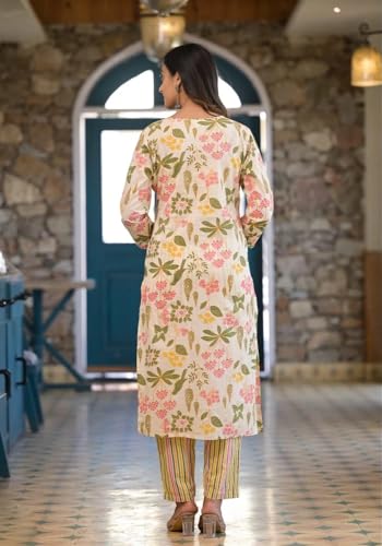 ANNI DESIGNER Womens Cotton Blend Printed Straight Kurta with Pant & Dupatta (Kumud Cream-NW_XL_Cream_X-Large)