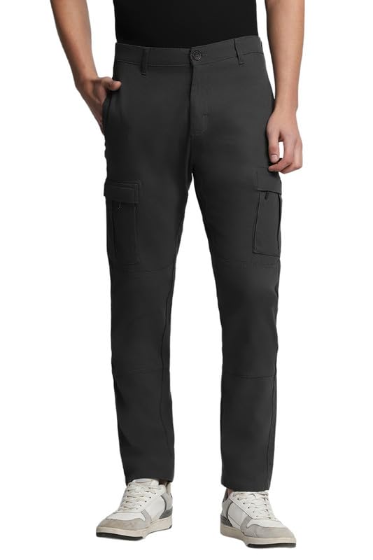 Dennis Lingo Mens Solid Cotton Lycra Mid Rise Slim Fit Cargo Trousers Charcoal Grey