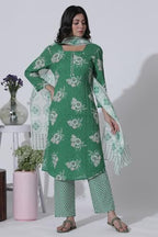 W For Woman Green Floral Printed Straight Kurta, Pants With Dupatta Set