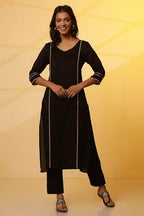 Aurelia Women Black Embellished Viscose Straight Kurta