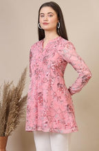 Aurelia Women'S Bright Yellow Floral Printed Organza Kurti