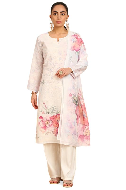 Soch Women Floral Print Linen Unstitched Dress Material with Beads and Stones