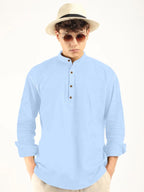 Macsivo MenS Cotton Polyester Blend Solid Regular Fit Full Sleeve Short Kurta Sky