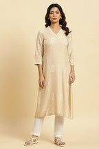 W For Woman Beige Floral Printed A-Line Casual Kurta