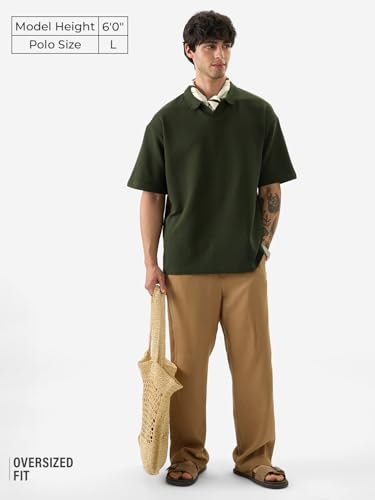 The Souled Store Solids: Dark Olive Green Men And Boys Short Sleeves Collared Neck Textured Cotton Blend Oversized Polos