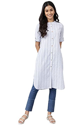 Aurelia Women White Cotton Stripes Printed Straight Kurta_22Aua13355-702450_Xl