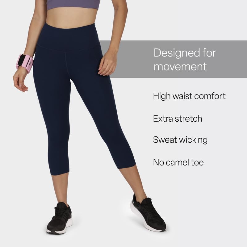 BlissClub Womens The Ultimate Capris, 3/4th Length Pants, Super- High Waist, 2 Pockets, Wide Waistband, Activewear for Women