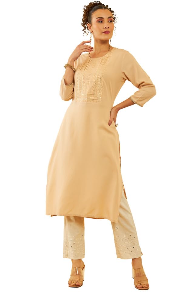 Soch Womens Beige Rayon Yoke Design Straight Kurta With Sequins