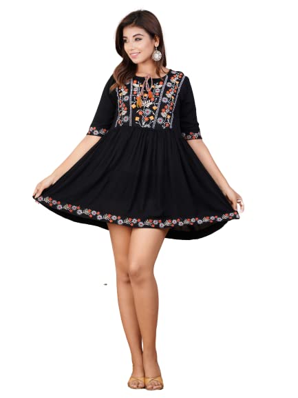 DIGITAL SHOPEE Crepe Embroidery Short Flair Frock Regular Kurti | Kurta for Women Girls Black