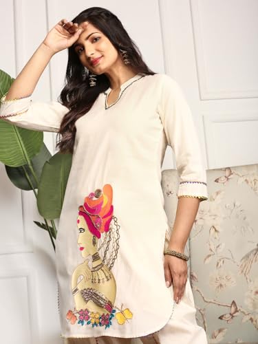 Ishin Women Off White Cotton Kurta Set Without Dupatta