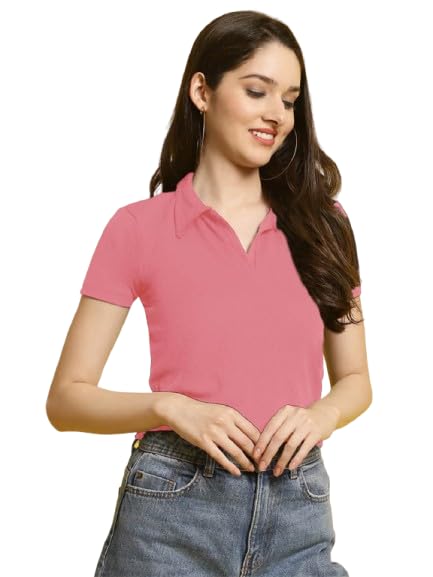 Pinkmint Womens Solid Cotton Collar Neck Top ll Lycra Crop Tank T-Shirt ll Korean Trendy Half Sleeve ll Stylish Collared T-Shir