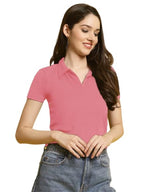 Pinkmint Womens Solid Cotton Collar Neck Top ll Lycra Crop Tank T-Shirt ll Korean Trendy Half Sleeve ll Stylish Collared T-Shir