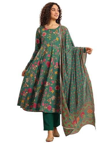 Green Floral Printed Anarkali Kurta With Solid Trouser And Floral Printed Dupatta