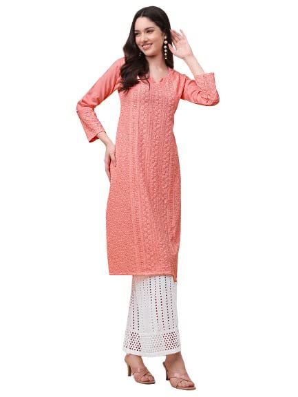 Gufrina WomenS Viscose Rayon Kurta & Palazzo Set With Notch Neck Chikankari Embroidery Work 3/4Th Sleeves Regular Fit And Calf 