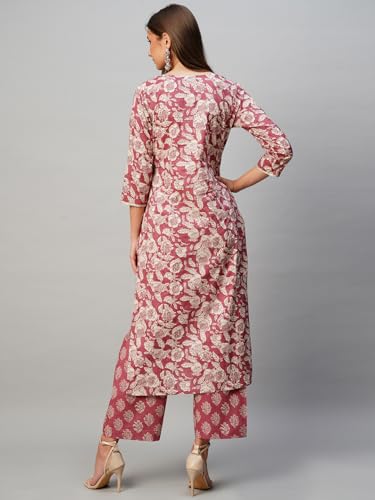 ANNI DESIGNER Womens Cotton Blend Straight Printed Kurta with Pant (Soking Pink_S_Pink_Small)