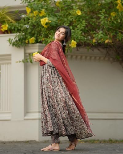 ANNI DESIGNER Womens Rayon Blend Anarkali Printed Kurta with Pant & Dupatta (Madipakam Maroon_L_Maroon_Large)