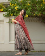 ANNI DESIGNER Womens Rayon Blend Anarkali Printed Kurta with Pant & Dupatta (Madipakam Maroon_L_Maroon_Large)