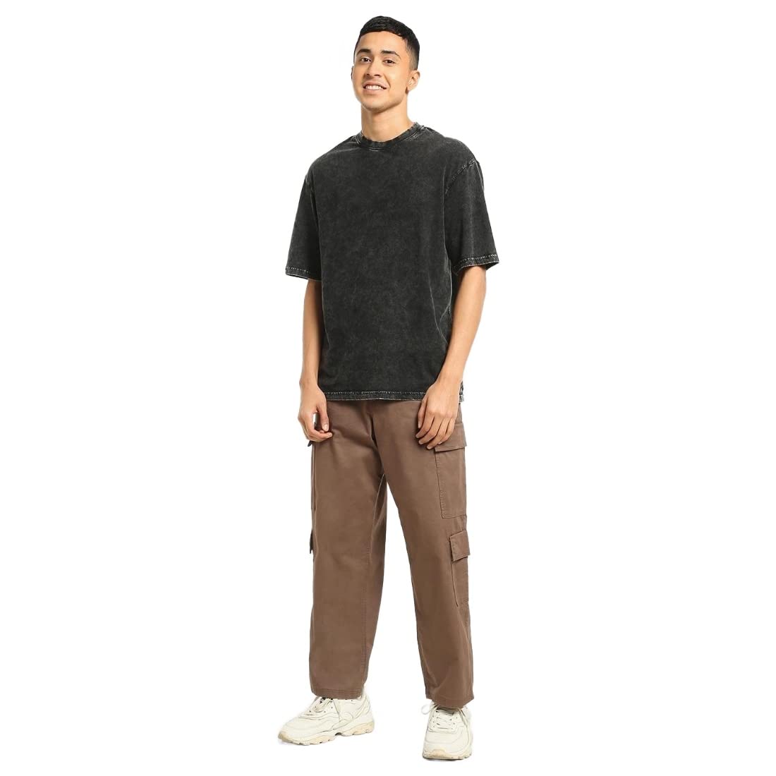 Bewakoof Mens Self Design Oversized Fit Half Sleeve Round Neck Cotton Acid Wash T-Shirt_551812_Black_S