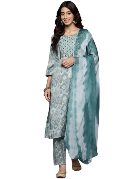 Varanga Women'S Turquiose Blue Round Neck Embroidered Yoke Printed Kurta Paired With Printed Bottom & Tie-Dye Dupatta