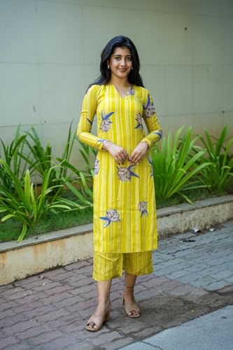 ANNI DESIGNER Womens Rayon Viscose Floral Straight Kurta with Pant (VRIDHA Yellow XXXX-Large)